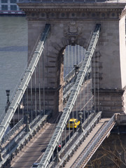 A close view of Szechenyi Chain Bridge over Danube, Budapest, Hungary at daytime from the castle