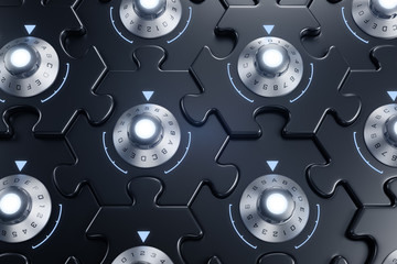 Jigsaw Puzzle As Cryptographic Blockchain. Combination locks inbuilt to pieces of hexagonal jigsaw puzzle and they are all interconnected of each other. 3D rendering graphics.