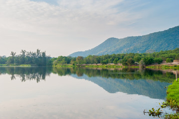 mountain reflection on lake, in the morning