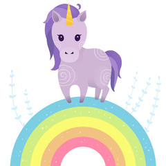 Vector illustration with cute unicorn and rainbow. Vector design isolated on white background. Print for t-shirt or sticker. Sweet hand drawing illustration for children.