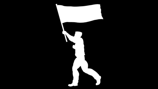 White silhouette of a running man with a flag. Alpha channel. FullHD.