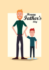 Happy fathers day design with cartoon man with his son over yellow background, vector illustration