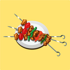 Kebab with vegetables impaled on a skewer of three. Lie on the plate.