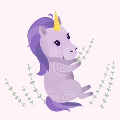 Vector illustrations with sweet violet unicorn on light background. Prints, templates, design elements for greeting cards, invitation cards, postcards.