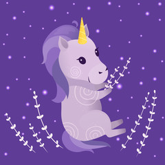 Vector illustrations with cute violet unicorn, plants and stars on dark background. Prints, templates, design elements for greeting cards, invitation cards, postcards.