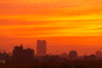 Fototapeta na wymiar Last rays of sun at sunset over a tall city buildings