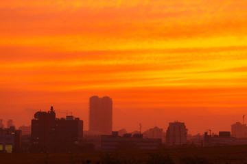 Naklejka premium Last rays of sun at sunset over a tall city buildings