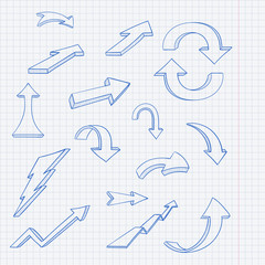 Arrows. Hand drawn blue sketch on lined paper background