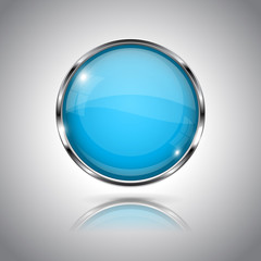 Blue round glass button. 3d icon with metal frame