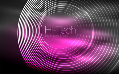Circular glowing neon shapes, techno background. Abstract shiny transparent circles on dark technology space