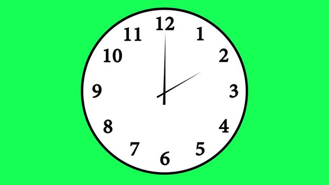 time lapse footage of a simple, traditional office wall clock with white clock face over a 12-hour period; isolated against a chroma key green Animated clock counting down 12 hours over 30 seconds.