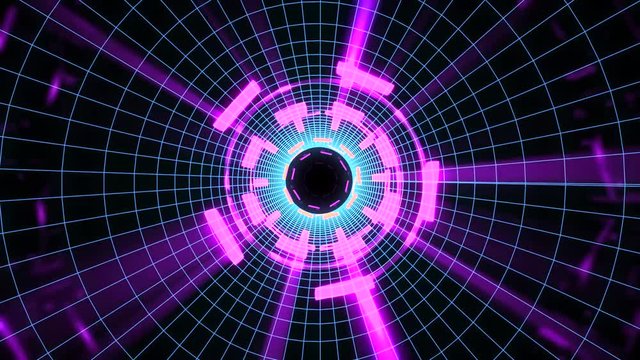 Flight in out through block grid neon lights abstract cyber tunnel motion graphics animation background loop new quality retro futuristic vintage style cool nice beautiful video footage