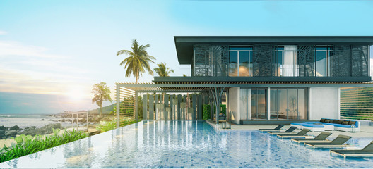 Sea view swimming pool in modern loft design,Luxury ocean Beach house