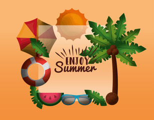 enjoy summer vacations palm coconuts umbrella lifebuoy sunglasses sun and exotic fruit vector illustration
