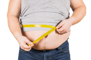 Thick mature man measuring belly yellow measuring tape isolated on white background.