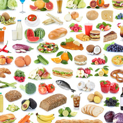 Collection of food and drink background collage healthy eating fruits vegetables square fruit...