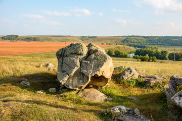 The monument of nature is megalith "Horse Stone" (Kon kamen) in the valley of the Krasivaya Mecha River. Kozie village, Efremovskiy district, Tulskaya region, Russia © PhotoChur