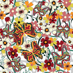 Seamless texture. Multicolor pattern of butterflies, flowers and leaves.