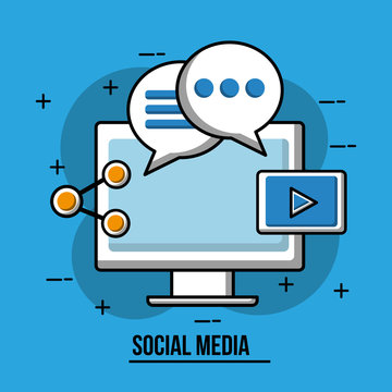 social media monitor pc share speech bubble video player vector illustration