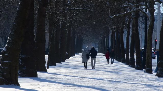UK, England, London, The Mall, people walking in the snow