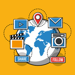 social media world follow share video email camera icons vector illustration