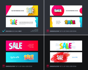 Abstract vector set of modern horizontal website sale banners with colourful words, abstract shapes for promo, shopping, offer, advertisement.