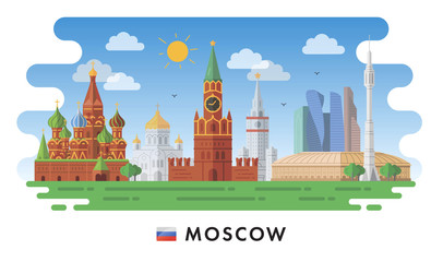 Moscow, Russia. Red Square, Churches, Modern buildings and city sights. Vector illustration