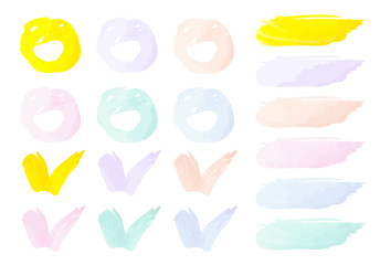 Vector colorful paint smear stroke stain set. Abstract textured art illustration. Acrylic Texture Paint Stain Illustration. Hand drawn brush strokes vector elements. Spring and summer colors.