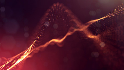 science fiction background of glowing particles with depth of field and bokeh. Particles form line...
