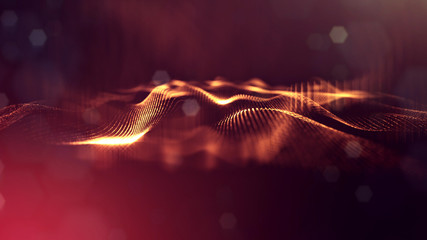 science fiction background of glowing particles with depth of field and bokeh. Particles form line and abstract surface grid. 3d rendering V30 red gold