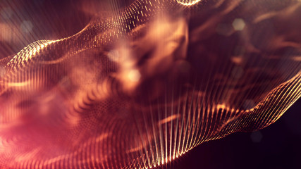 science fiction background of glowing particles with depth of field and bokeh. Particles form line and abstract surface grid. 3d rendering V39 red gold with light rays