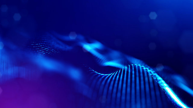 science fiction background of glowing particles with depth of field and bokeh. Particles form line and abstract surface grid. 3d rendering V20 blue