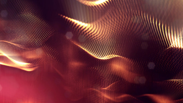 science fiction background of glowing particles with depth of field and bokeh. Particles form line and abstract surface grid. 3d rendering V43 red gold
