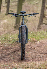Fototapeta na wymiar Big black bicycle with big wheels in the forest