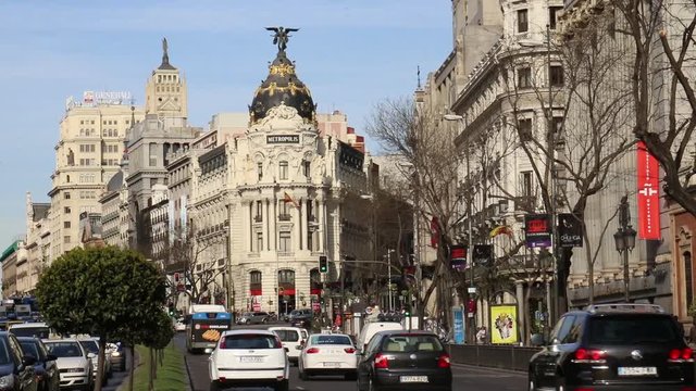 Panoramic view of Gran Via with the Metropolis building, Madrid, Spain