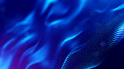 science fiction background of glowing particles with depth of field and bokeh. Particles form line and abstract surface grid. 3d rendering V36 blue