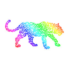 Silhouette of a panther in a tattoo style. Rainbow colors in whi