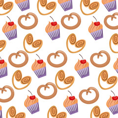 delicious cupcakes pretzels sweet pastry pattern vector illustration
