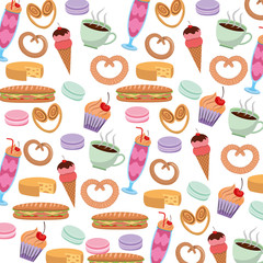 tasty sweet ice cream cake pretzel cheese coffee pattern image vector illustration