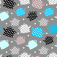 Abstract vector seamless pattern with teapots and little hearts