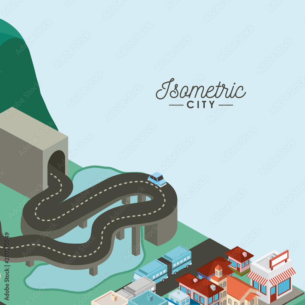 Wall mural isometric city scene icons