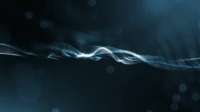 3d loop animation for science fiction background of glowing particles with depth of field and bokeh. Particles form line and surface grid for vj loop. V 3 black