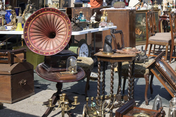 Street flea market of old things and antiques in the old district