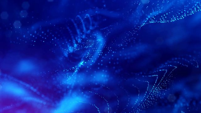 3d loop animation for science fiction background of glowing particles with depth of field and bokeh. Particles form line and surface grid for vj loop. V 1 blue