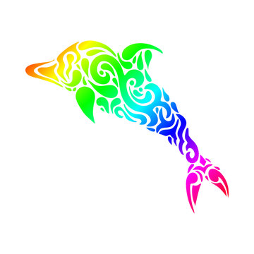 Silhouette of a dolphin in a tattoo style. Rainbow colors in whi