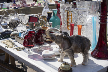 Street flea market of old things and antiques in the old district