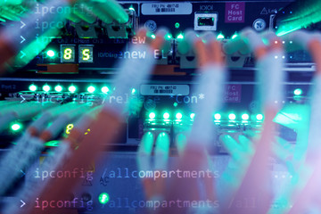 Racks optical fiber. Fiber optic equipment in a data center. Close up fiber optic cable. 