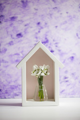 Tender bouquet of snowdrops in glass vase inside wooden house on purple background