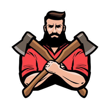 Sawmill, joinery, carpentry logo or label. Lumberjack holds crossed axes in hands. Cartoon vector illustration