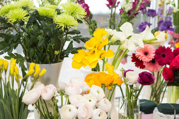 Multicoloured flowers in vases